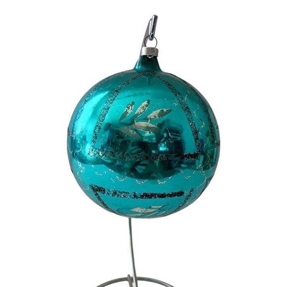 Mercury Glass Ball Ornament Blue West Germany LARGE Handblown 925 Silver Glitter - Picture 8 of 14